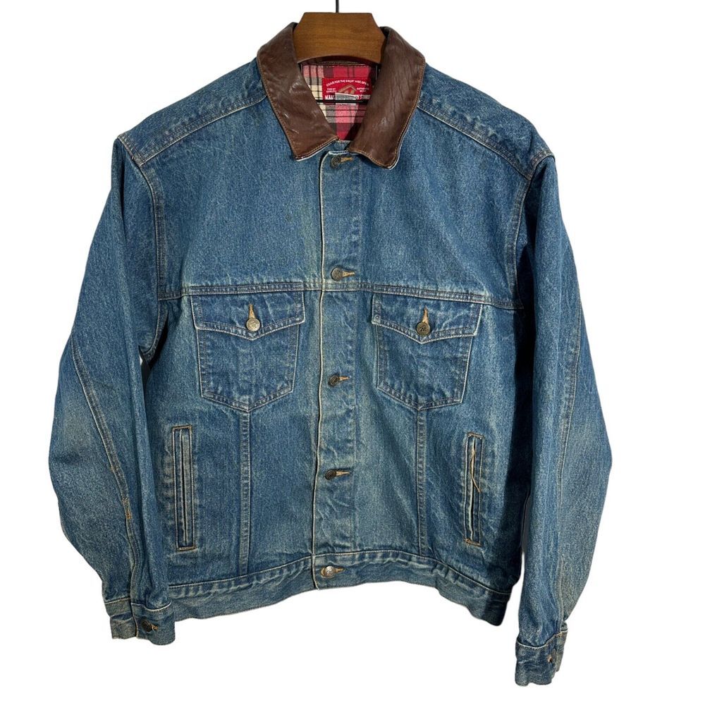 MARLBORO Country Store Vintage 90s Denim Jean Jacket MCS265 Leather Collar Large